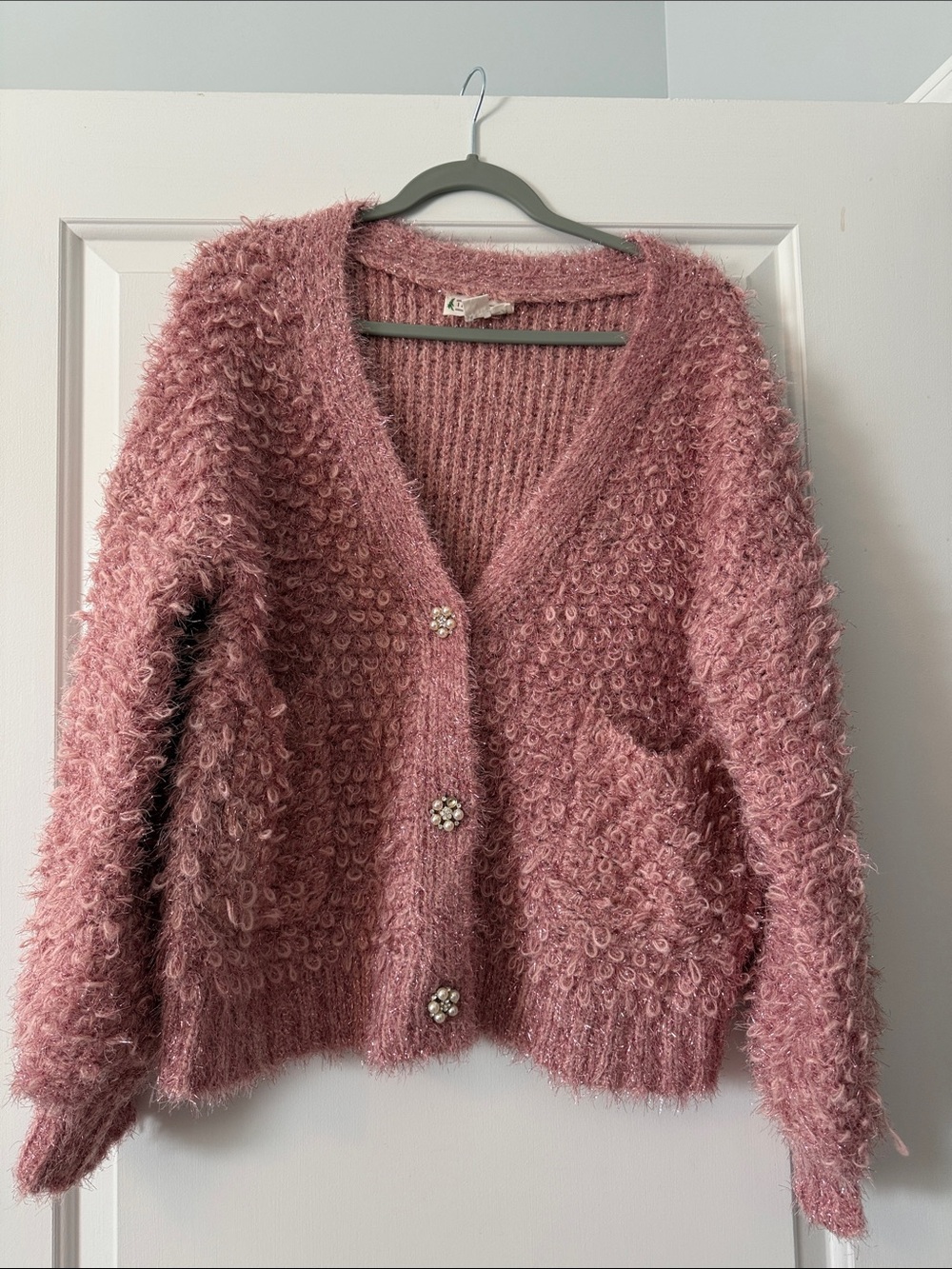 Love Riche Dusty Pink Fuzzy V-Neck Cardigan with Rhinestone Buttons